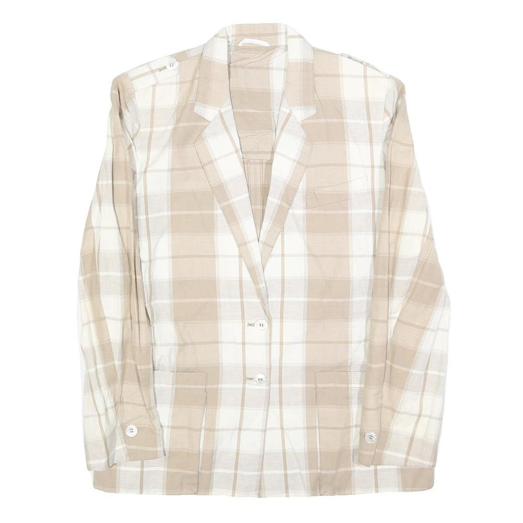 QUEISSER Womens Beige & White Checked Linen Blend Button Jacket S Classic Fit