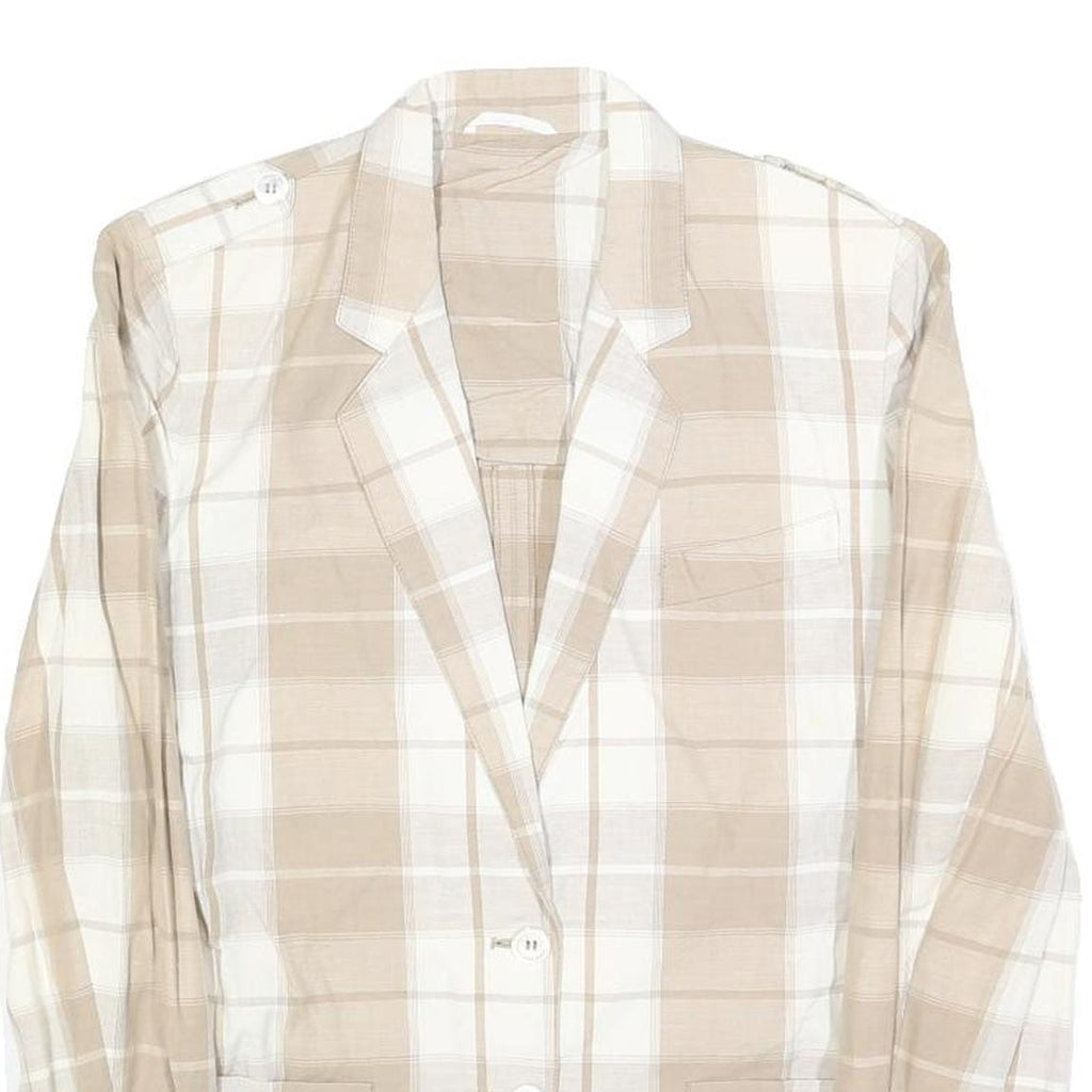 QUEISSER Womens Beige & White Checked Linen Blend Button Jacket S Classic Fit