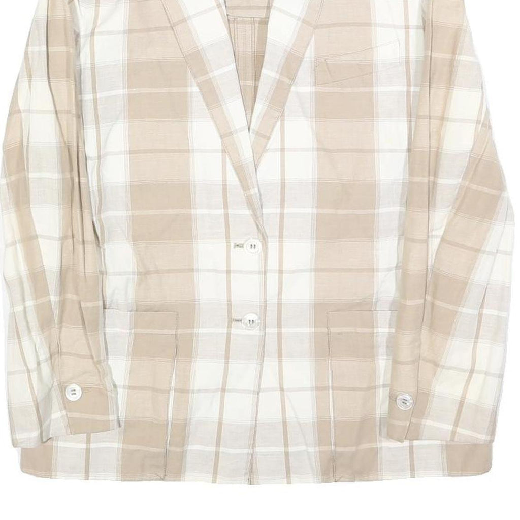 QUEISSER Womens Beige & White Checked Linen Blend Button Jacket S Classic Fit