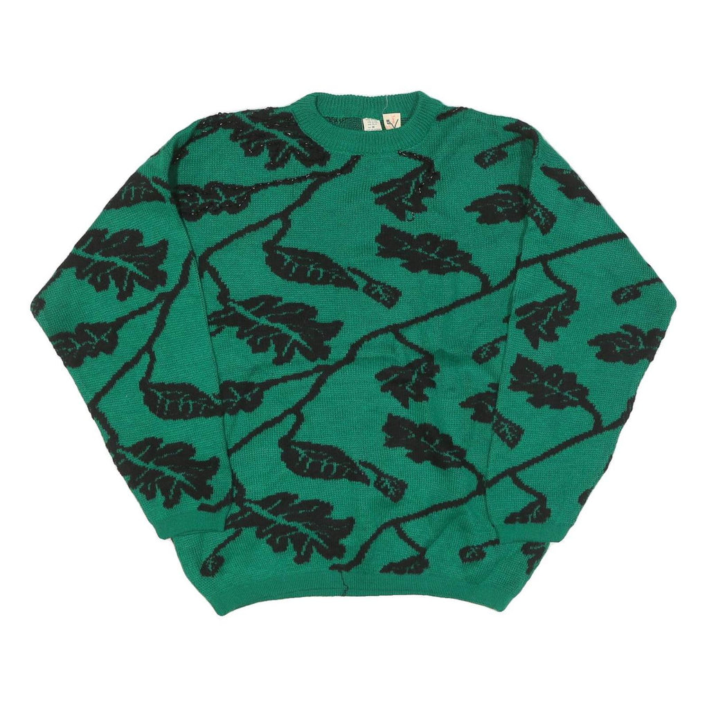 MV Womens Green Black Leaf Pattern Plain Crew Neck Chunky Knit Jumper M Wool
