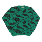 MV Womens Green Black Leaf Pattern Plain Crew Neck Chunky Knit Jumper M Wool