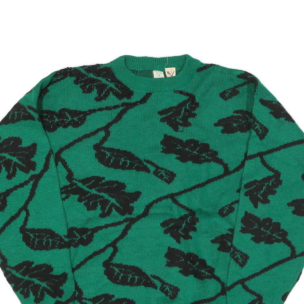 MV Womens Green Black Leaf Pattern Plain Crew Neck Chunky Knit Jumper M Wool