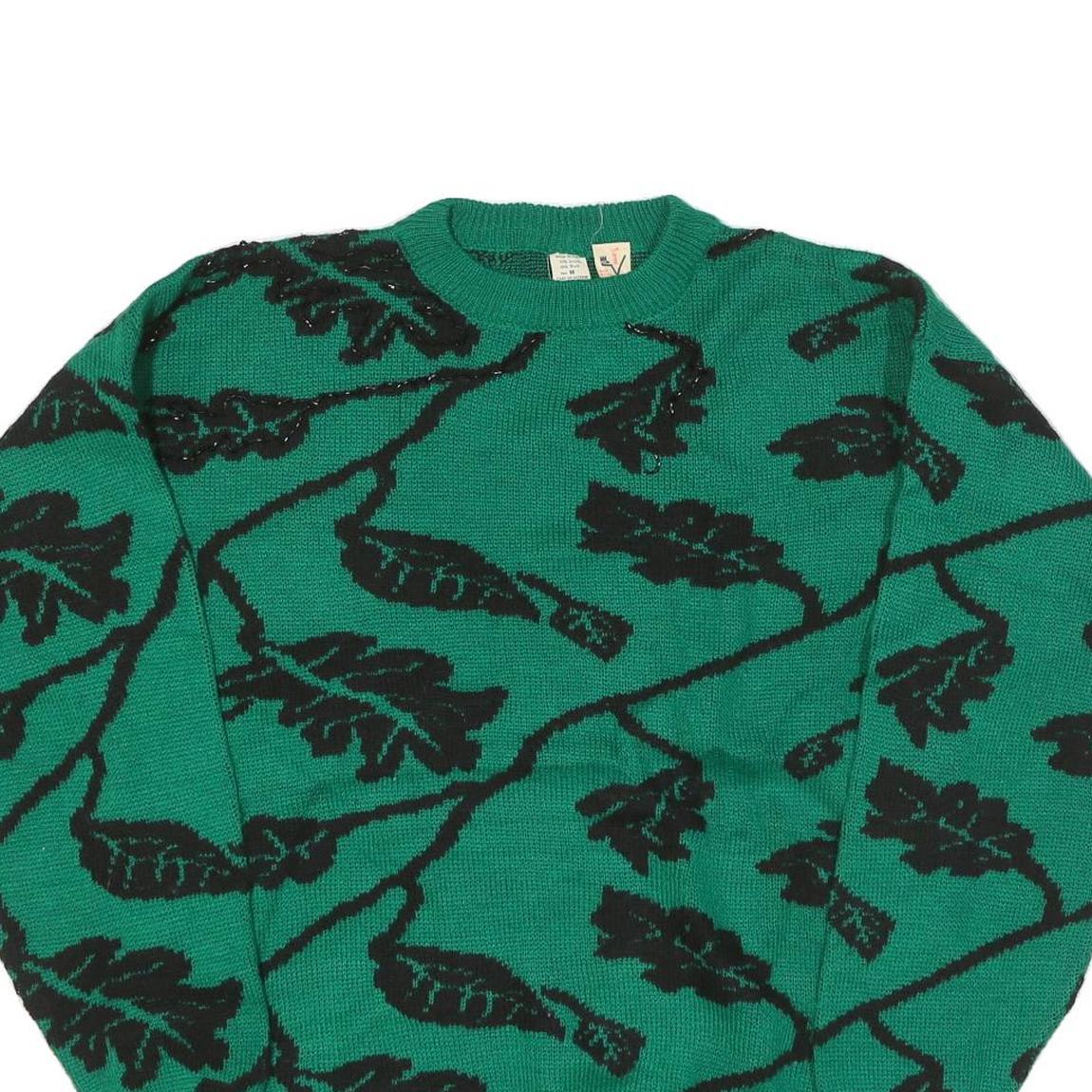 MV Womens Green Black Leaf Pattern Plain Crew Neck Chunky Knit Jumper M Wool