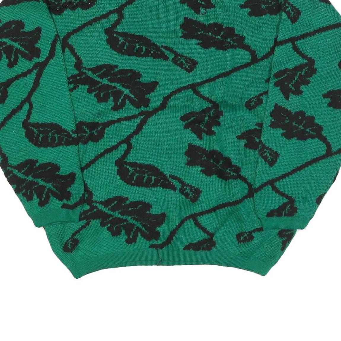 MV Womens Green Black Leaf Pattern Plain Crew Neck Chunky Knit Jumper M Wool