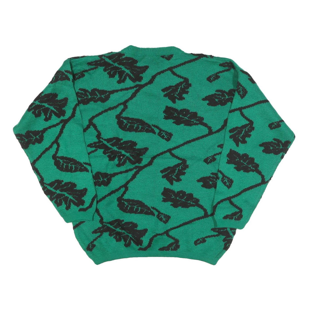 MV Womens Green Black Leaf Pattern Plain Crew Neck Chunky Knit Jumper M Wool