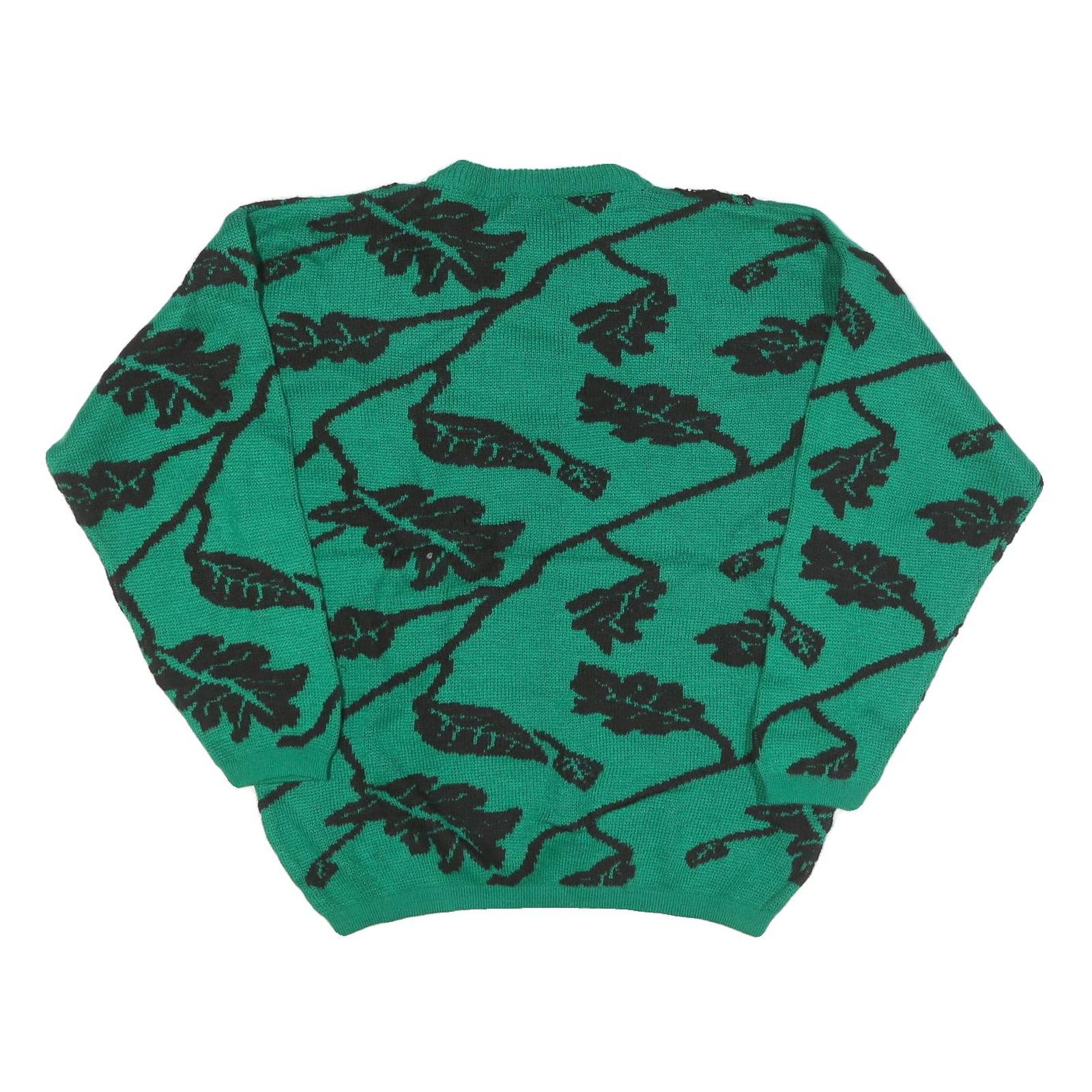 MV Womens Green Black Leaf Pattern Plain Crew Neck Chunky Knit Jumper M Wool