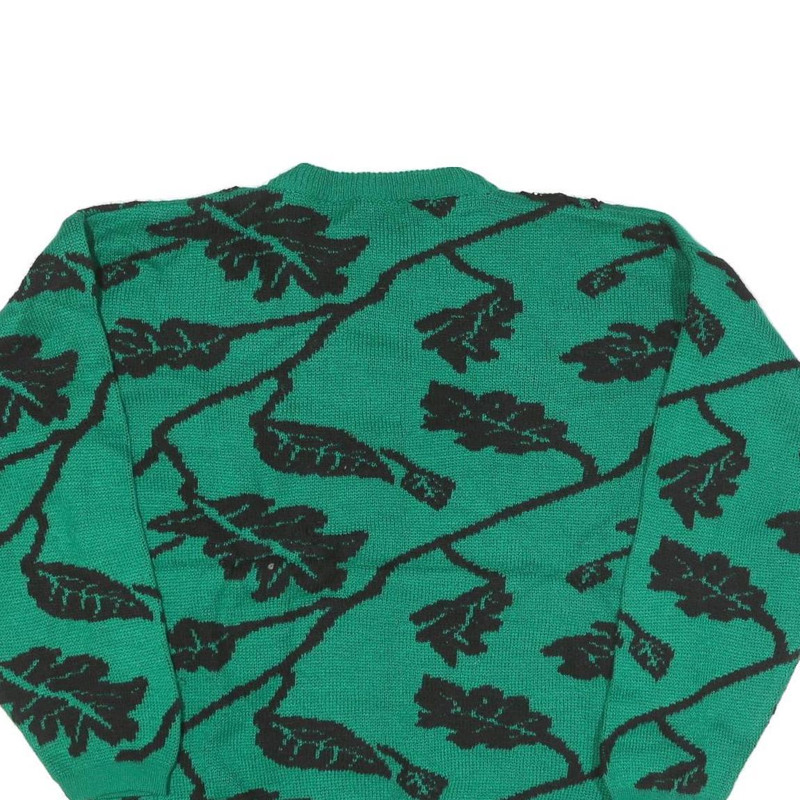 MV Womens Green Black Leaf Pattern Plain Crew Neck Chunky Knit Jumper M Wool