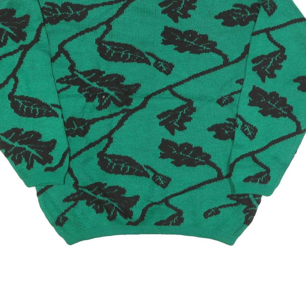 MV Womens Green Black Leaf Pattern Plain Crew Neck Chunky Knit Jumper M Wool