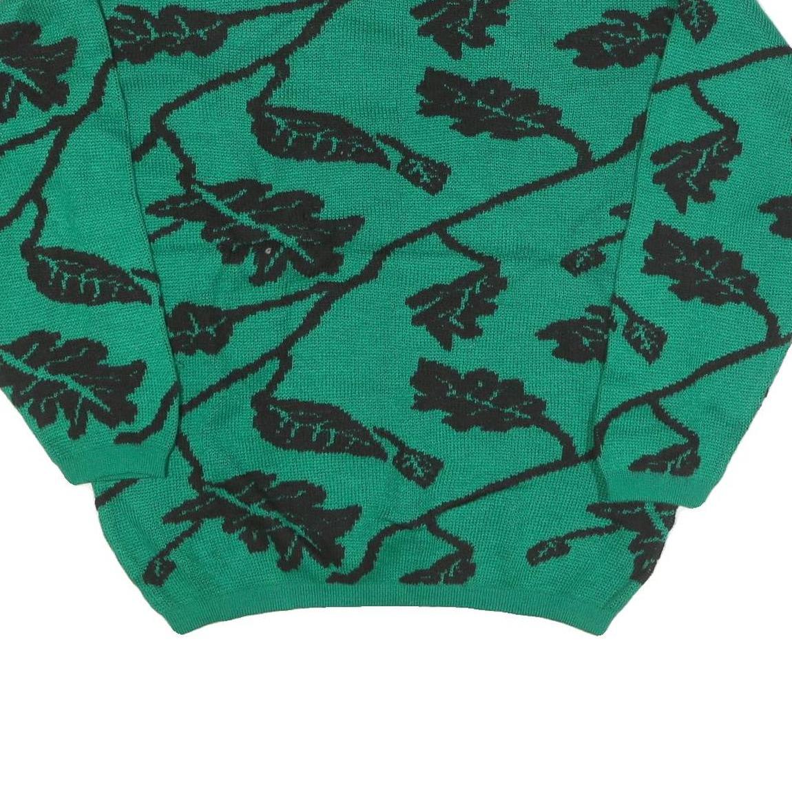 MV Womens Green Black Leaf Pattern Plain Crew Neck Chunky Knit Jumper M Wool