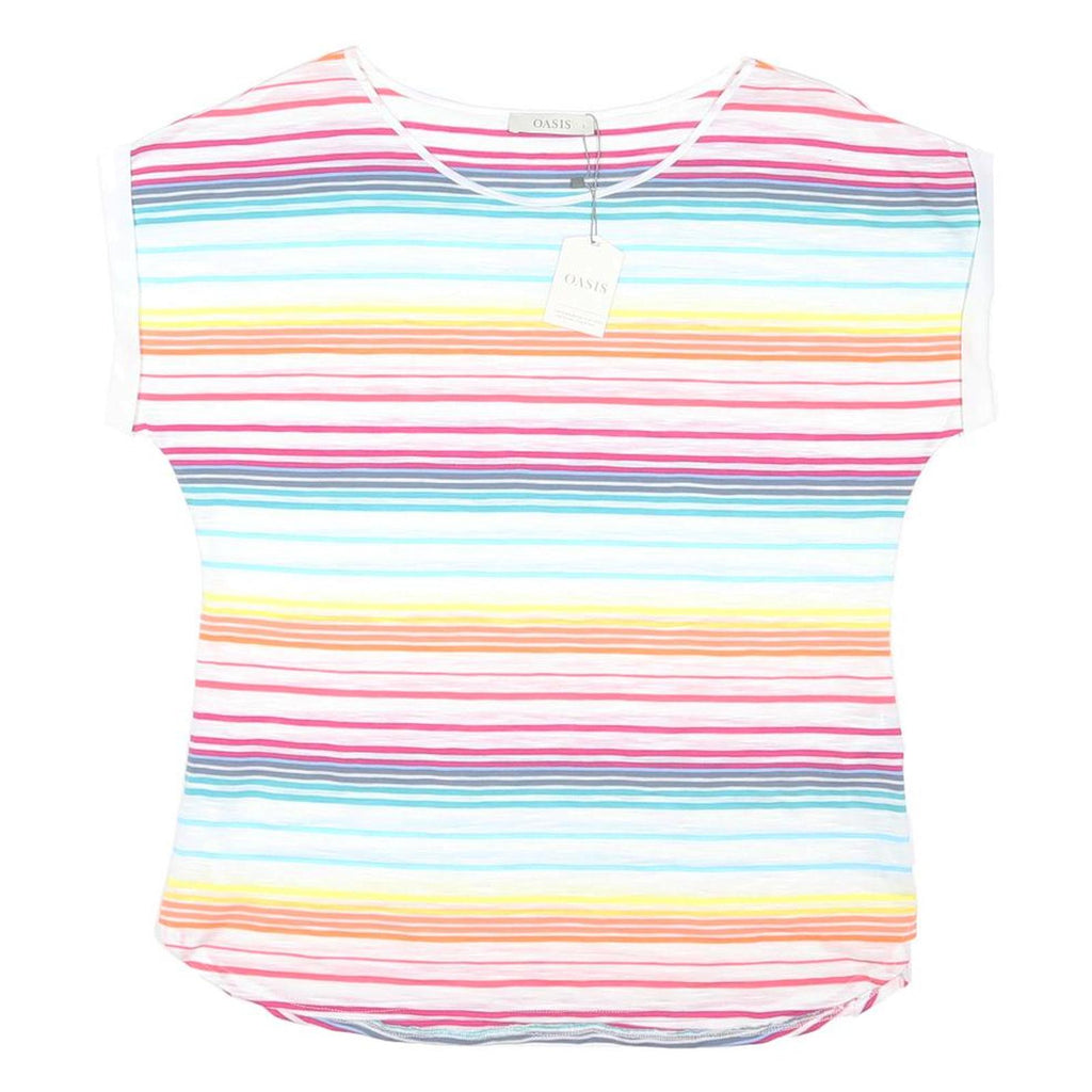 OASIS Womens White & Multicolour Striped Basic Top Short Sleeve Round Neck L