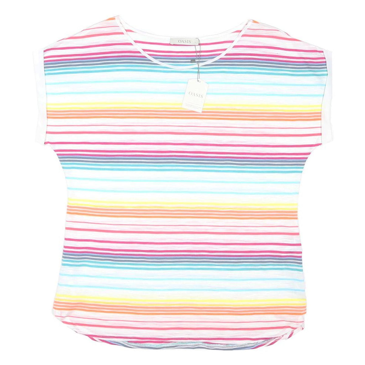 OASIS Womens White & Multicolour Striped Basic Top Short Sleeve Round Neck L