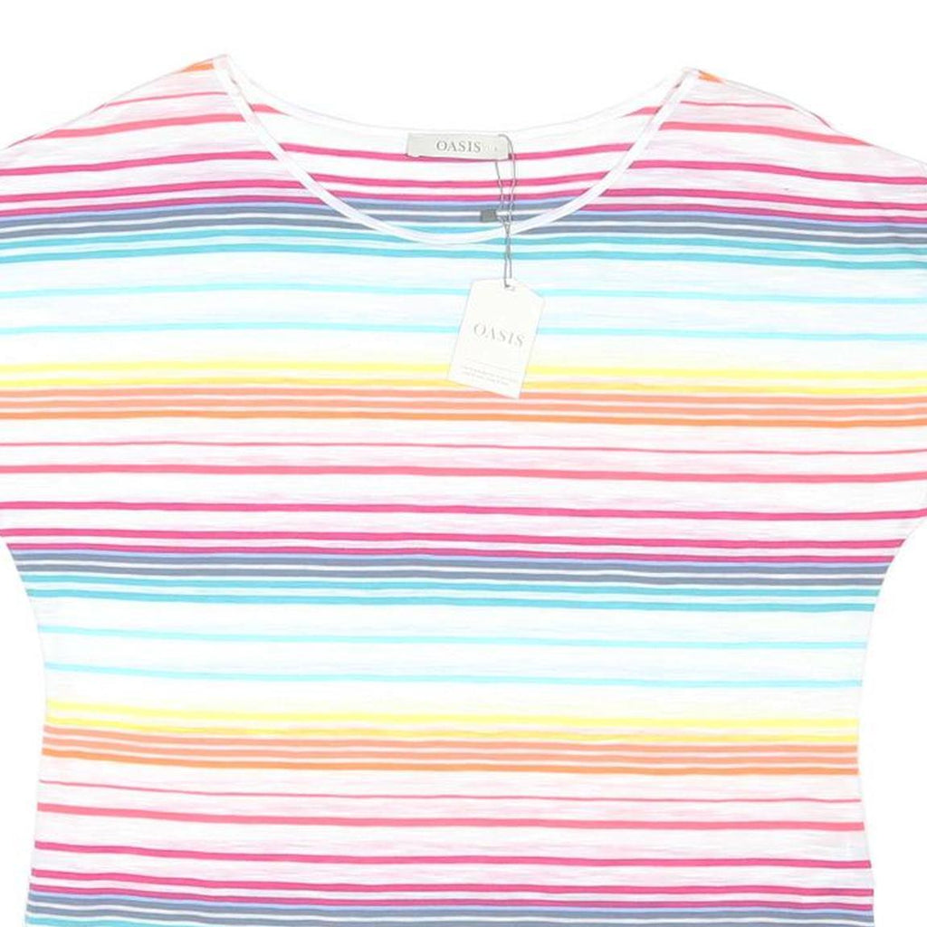OASIS Womens White & Multicolour Striped Basic Top Short Sleeve Round Neck L