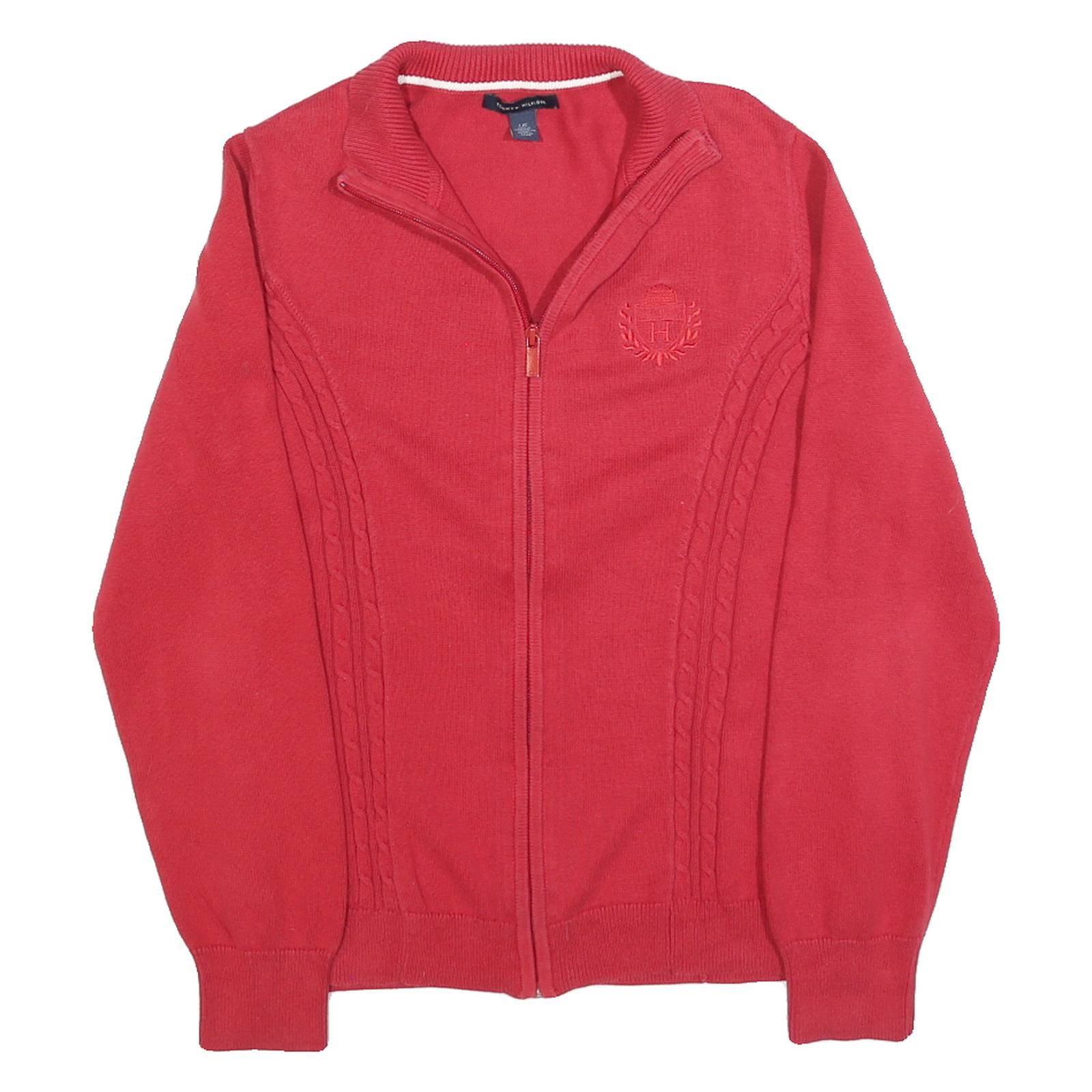 TOMMY HILFIGER Womens Red Pullover Patterned V-Neck Cable Knit Jumper L Zip