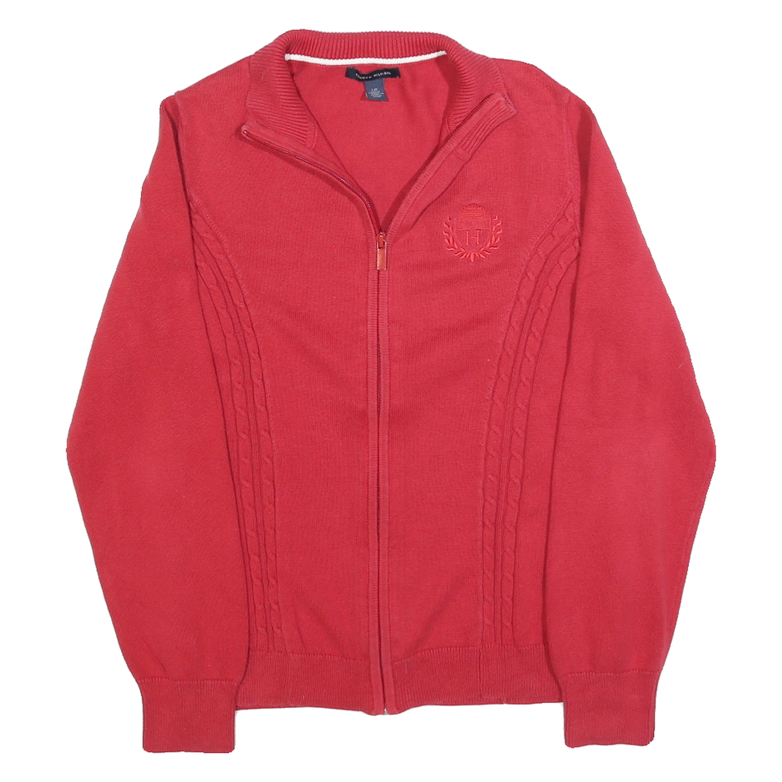 TOMMY HILFIGER Womens Red Pullover Patterned V-Neck Cable Knit Jumper L Zip