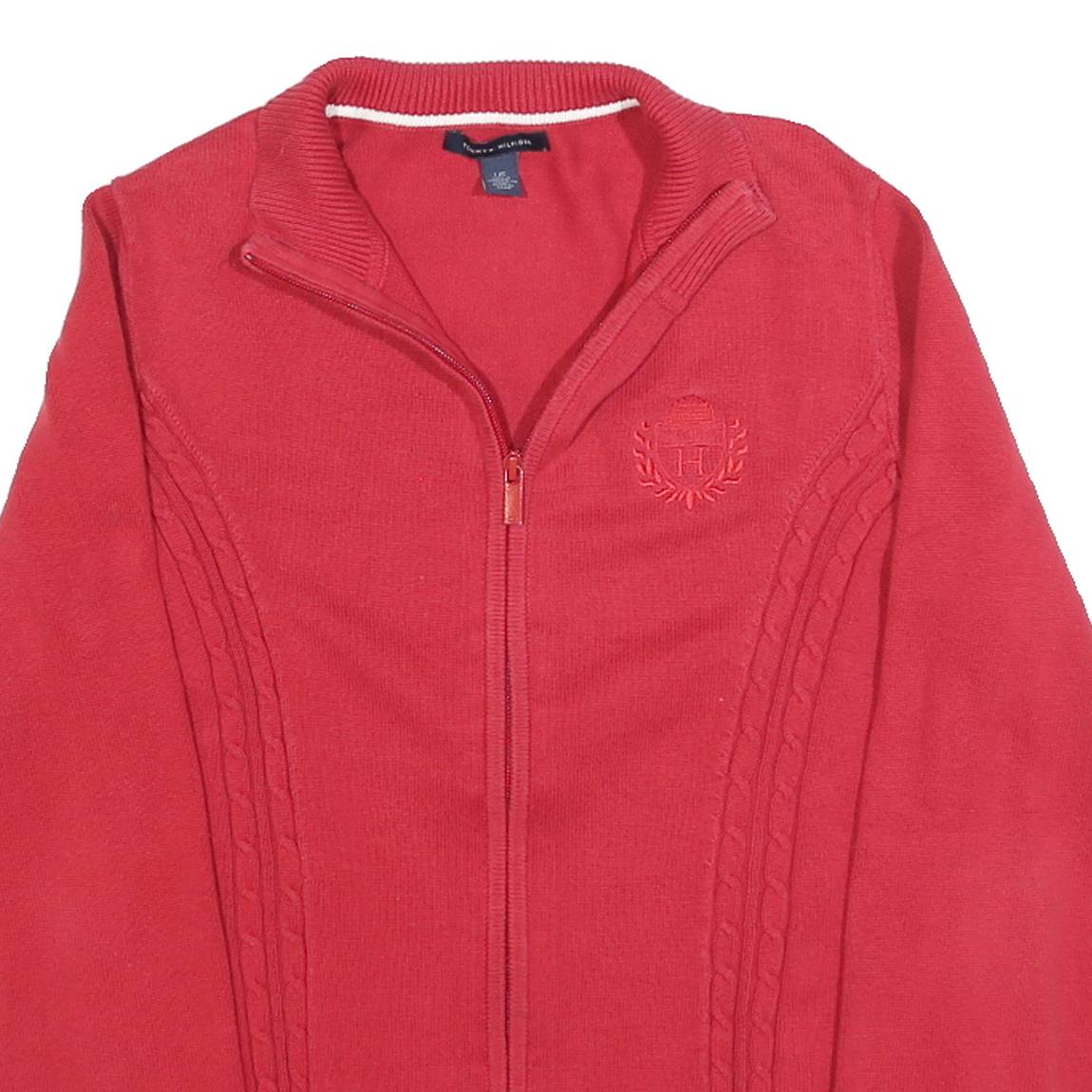 TOMMY HILFIGER Womens Red Pullover Patterned V-Neck Cable Knit Jumper L Zip