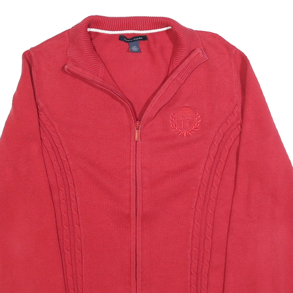 TOMMY HILFIGER Womens Red Pullover Patterned V-Neck Cable Knit Jumper L Zip