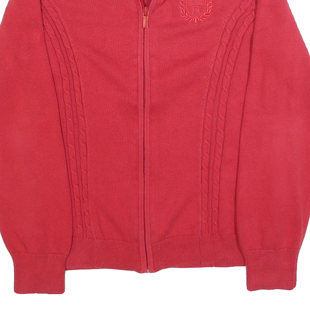 TOMMY HILFIGER Womens Red Pullover Patterned V-Neck Cable Knit Jumper L Zip