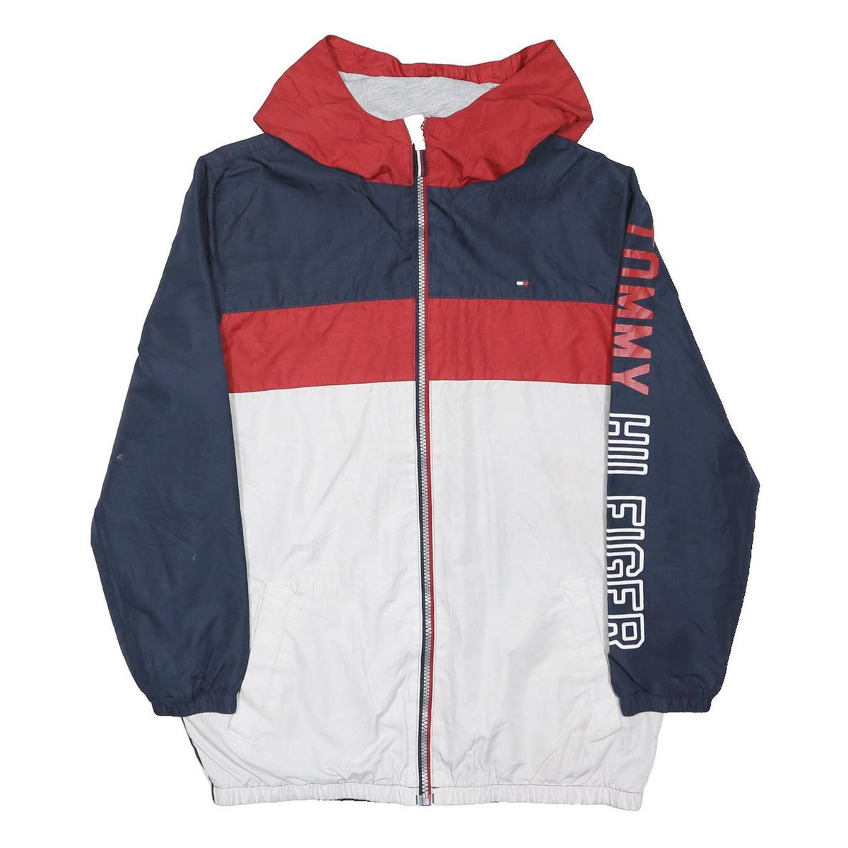TOMMY HILFIGER Boys Blue & Red Hooded Zip Jacket L Polyester Blend Sporty Casual