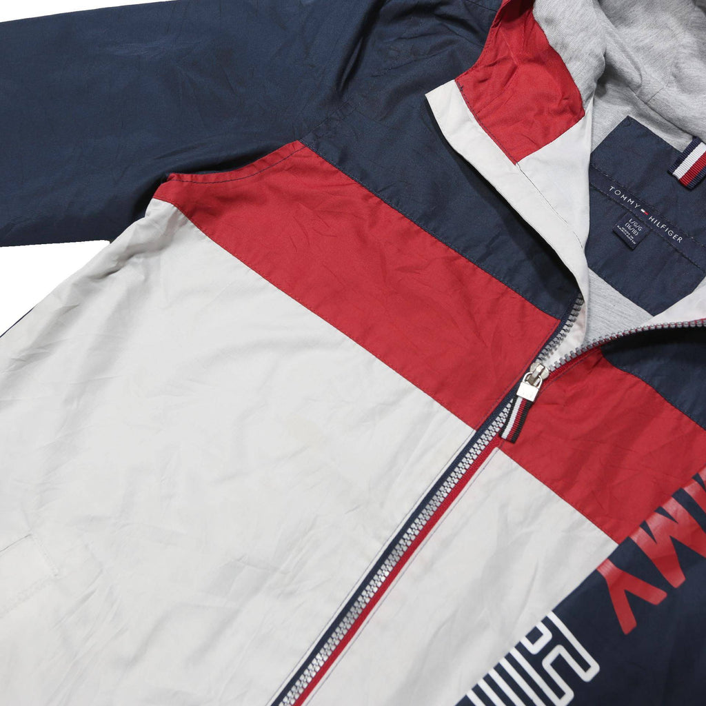 TOMMY HILFIGER Boys Blue & Red Hooded Zip Jacket L Polyester Blend Sporty Casual