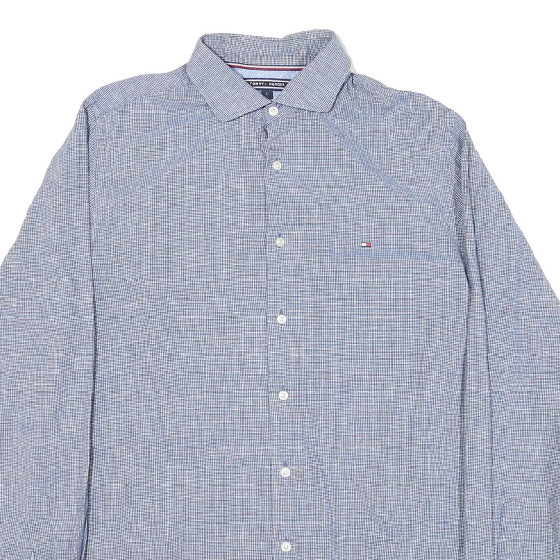 TOMMY HILFIGER Mens Blue & White Check Shirt L Classic Cotton Blend Button Down