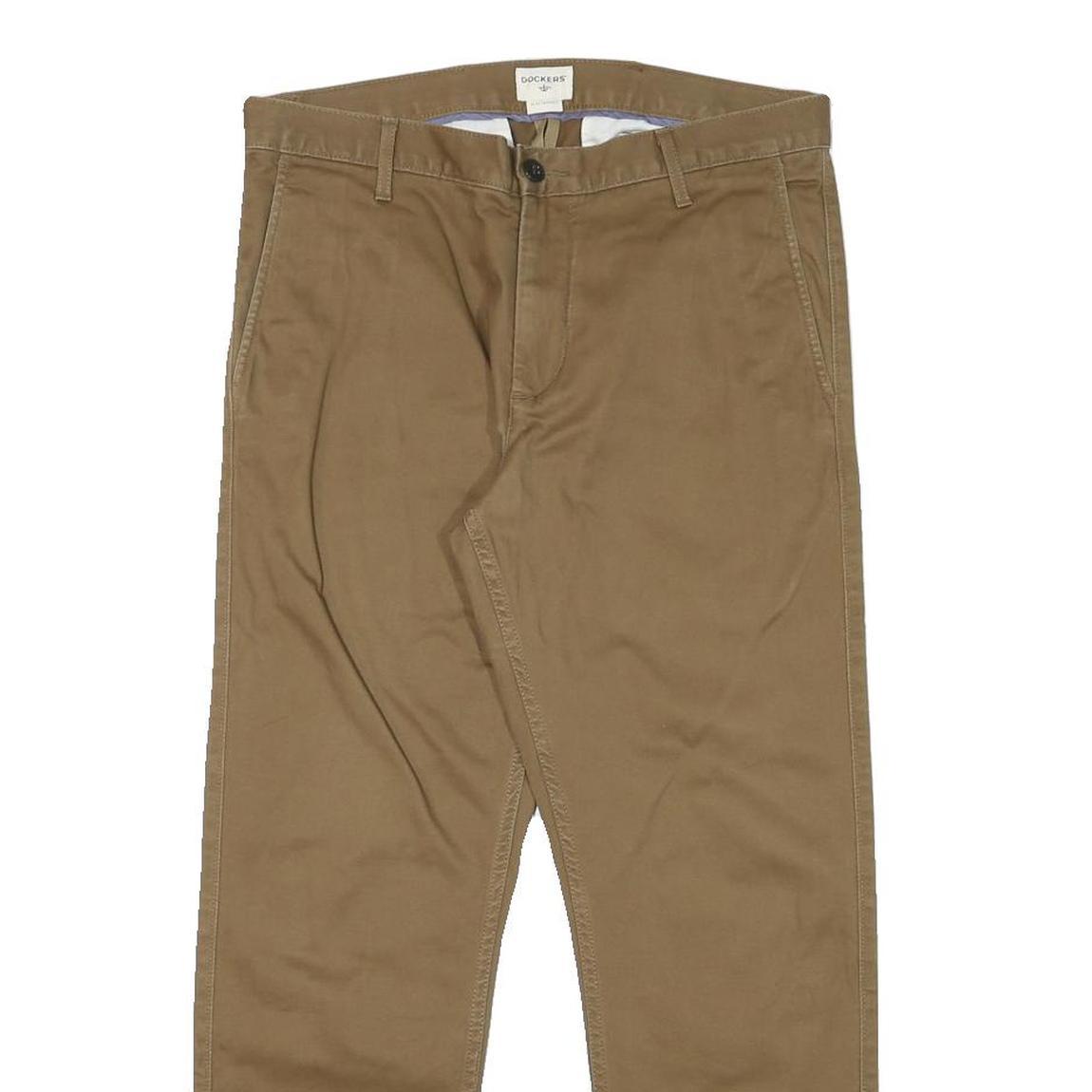 DOCKERS Mens Cotton Blend Slim Straight Beige Trousers W30 L26 Casual Smart