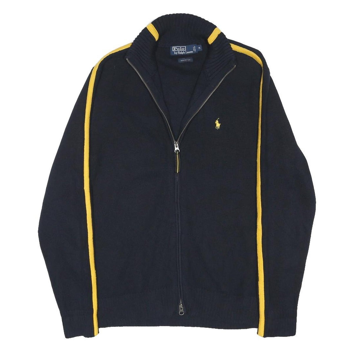 POLO RALPH LAUREN Mens Navy Blue & Yellow Jumper Patterned Zip Up Crew Knit M