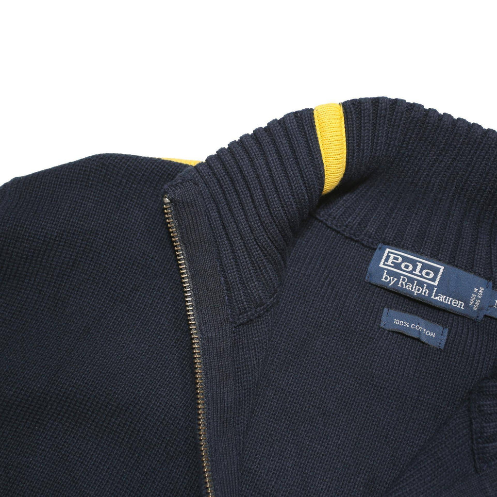 POLO RALPH LAUREN Mens Navy Blue & Yellow Jumper Patterned Zip Up Crew Knit M