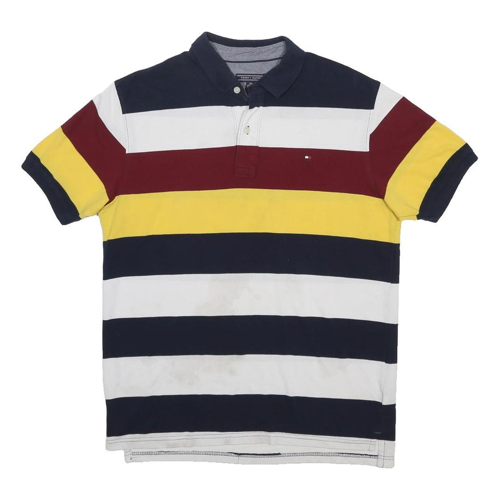 TOMMY HILFIGER Boys Navy White Maroon Yellow Striped Short Sleeve Polo Shirt 2XL