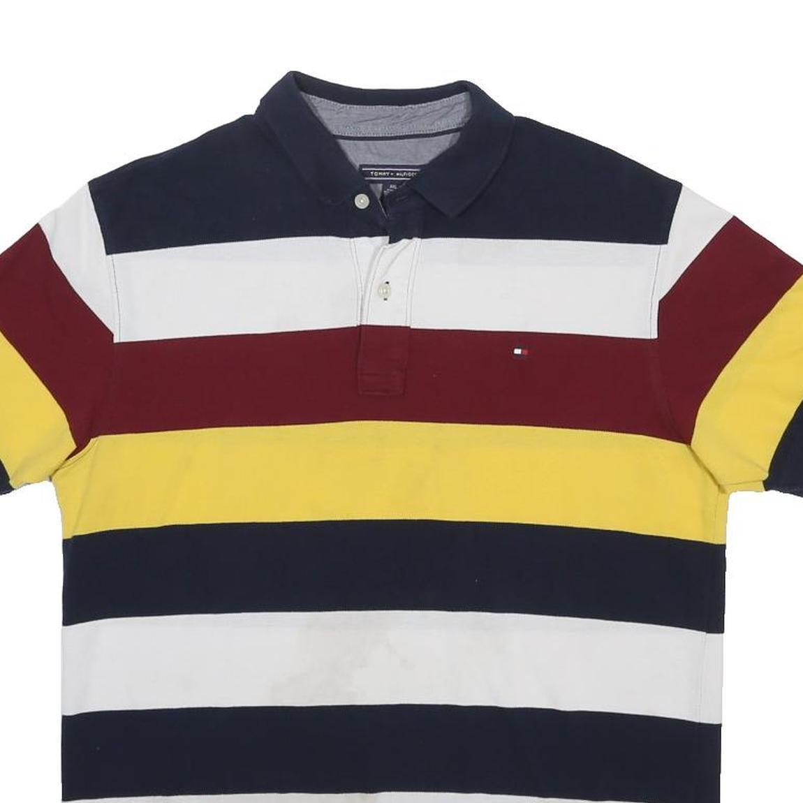 TOMMY HILFIGER Boys Navy White Maroon Yellow Striped Short Sleeve Polo Shirt 2XL