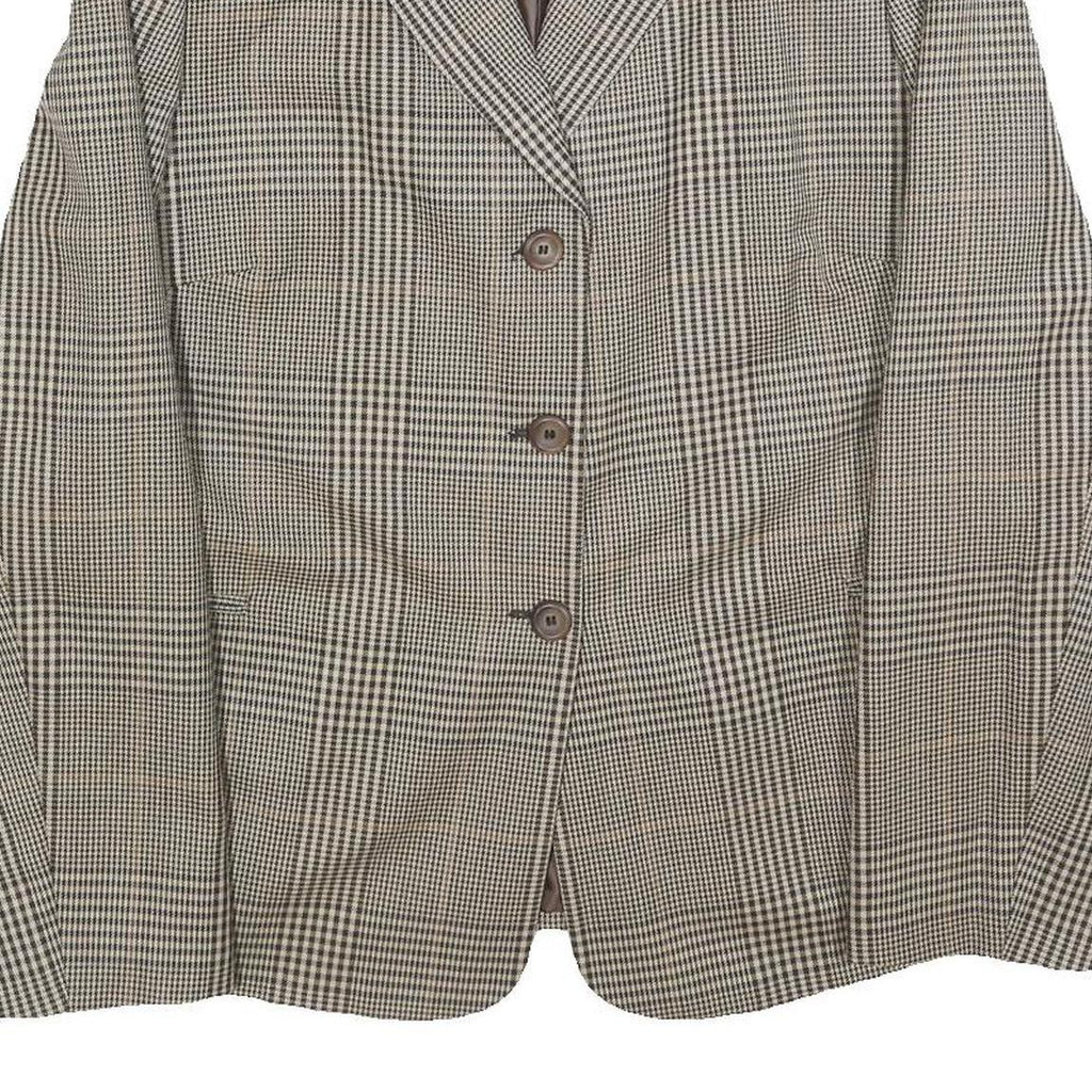 Womens Brown Grey Wool Blend Checked Button Jacket L Woven Classic Tailored
