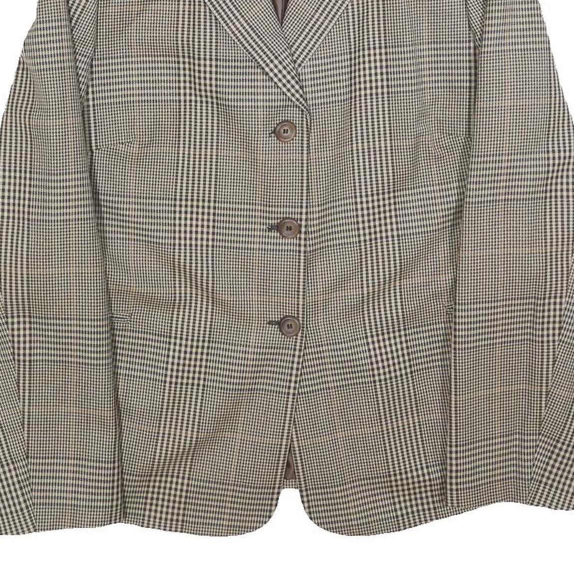 Womens Brown Grey Wool Blend Checked Button Jacket L Woven Classic Tailored