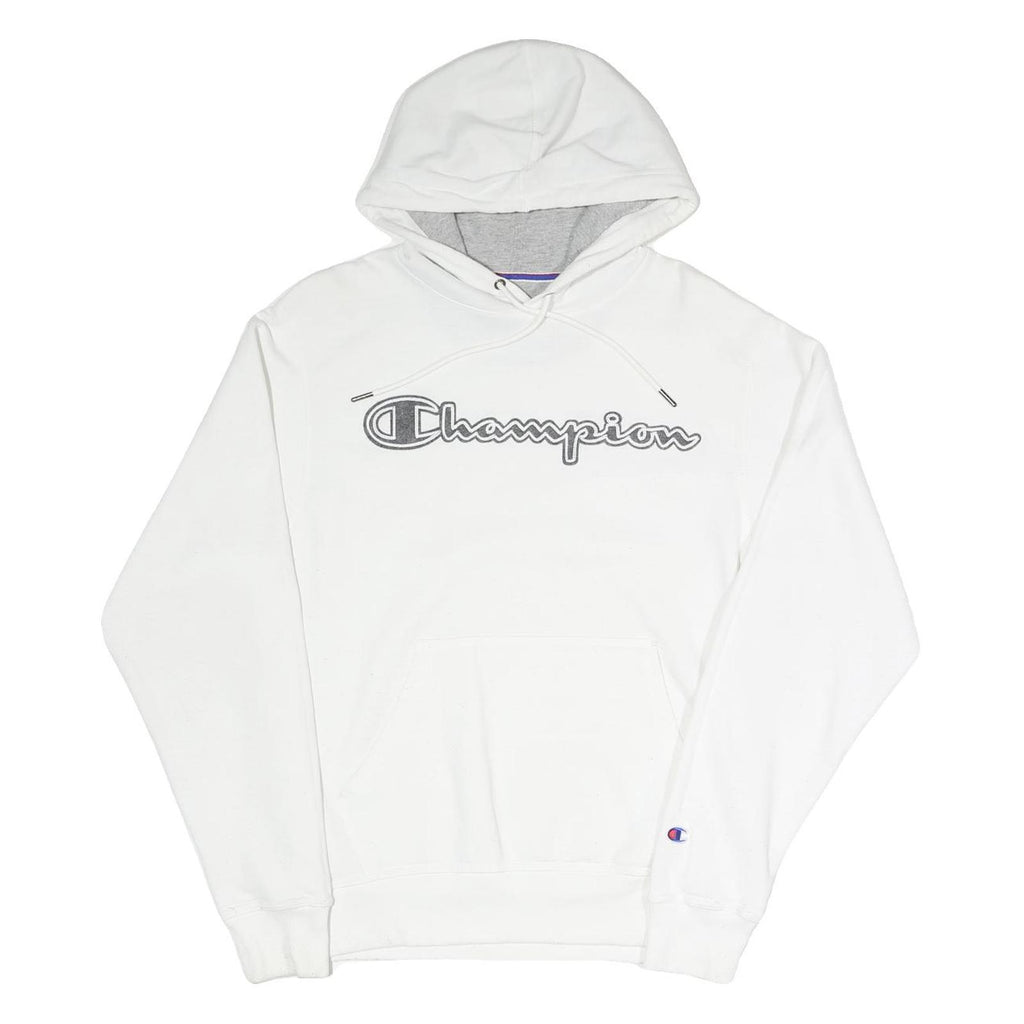 CHAMPION Mens White Cotton Blend Pullover Hoodie S Logo Script Chest