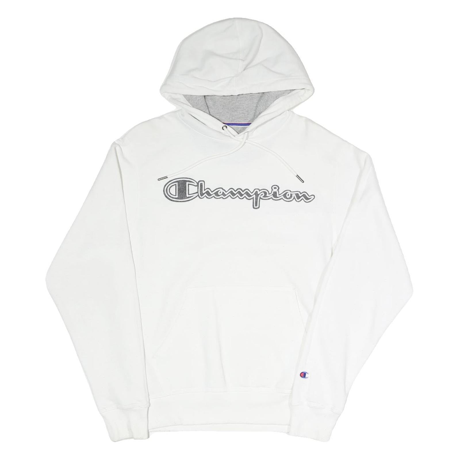 CHAMPION Mens White Cotton Blend Pullover Hoodie S Logo Script Chest