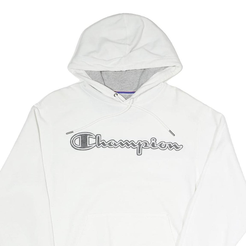 CHAMPION Mens White Cotton Blend Pullover Hoodie S Logo Script Chest