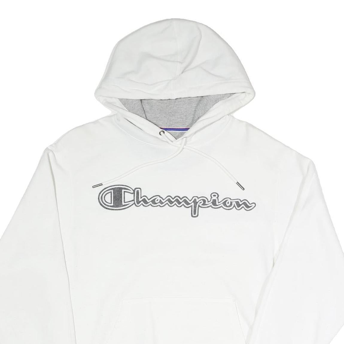 CHAMPION Mens White Cotton Blend Pullover Hoodie S Logo Script Chest
