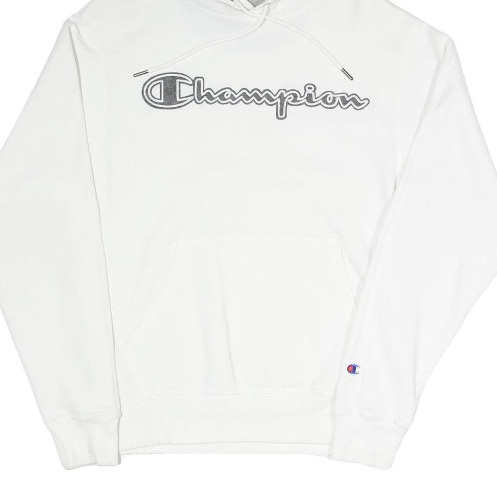 CHAMPION Mens White Cotton Blend Pullover Hoodie S Logo Script Chest
