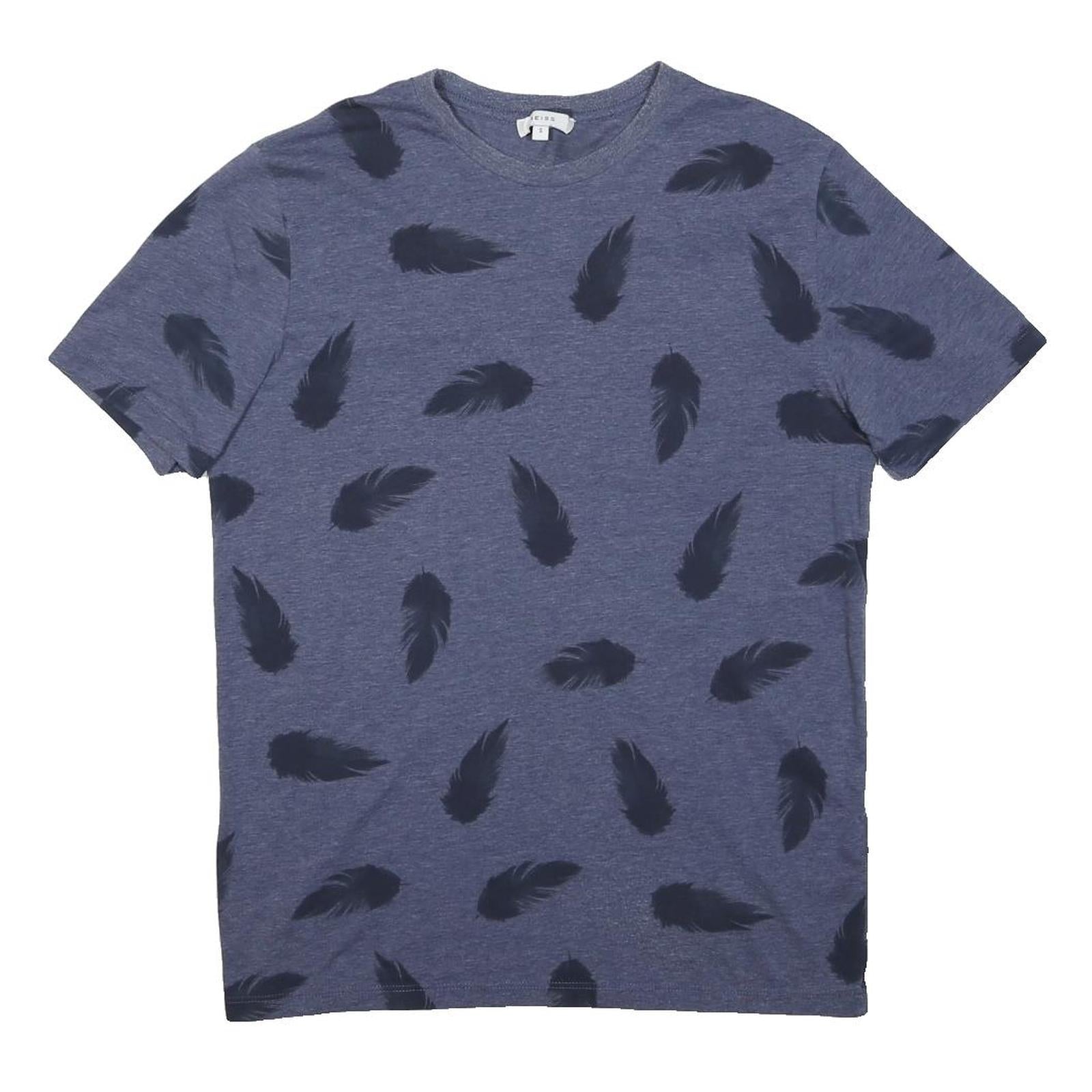 REISS Womens Blue T-Shirt S Short Sleeve Round Neck Feather Print Cotton Blend
