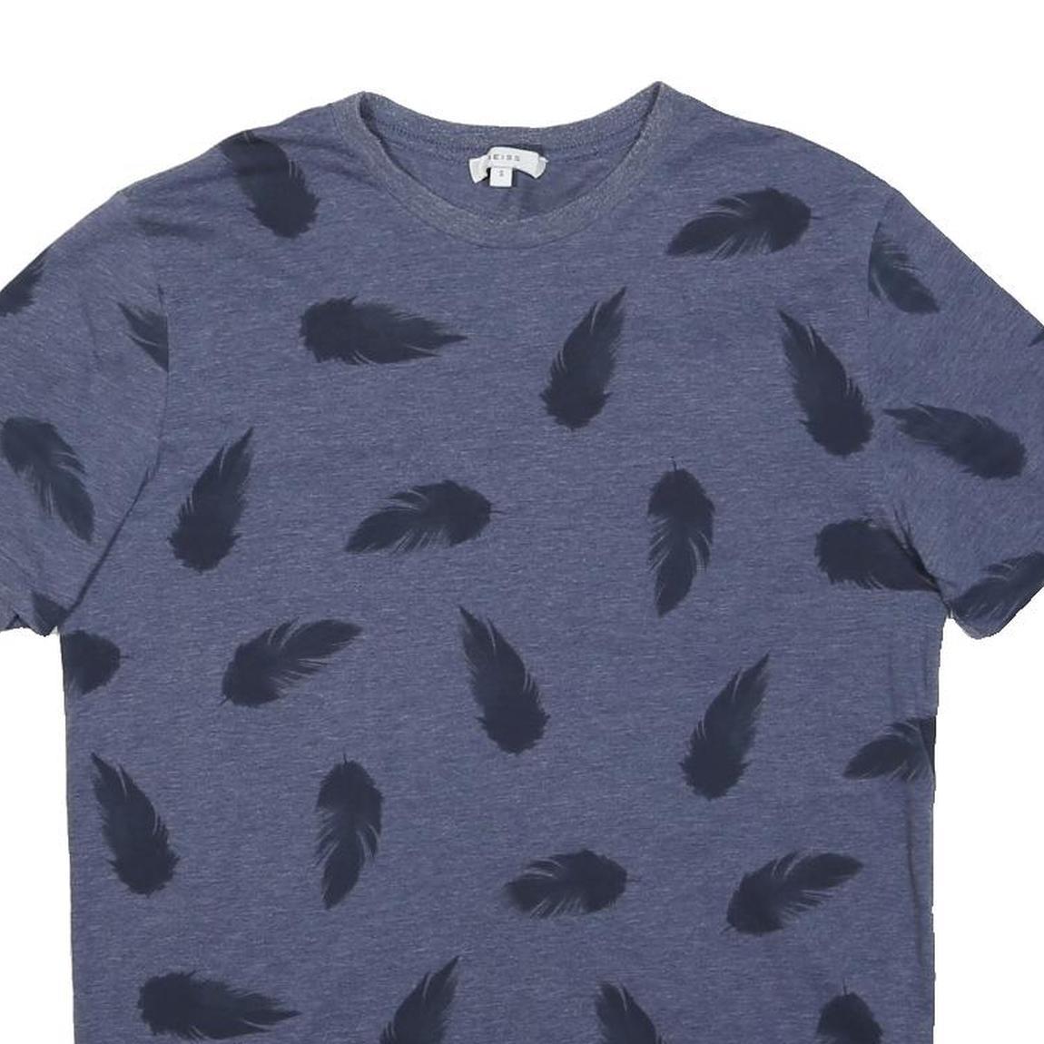 REISS Womens Blue T-Shirt S Short Sleeve Round Neck Feather Print Cotton Blend