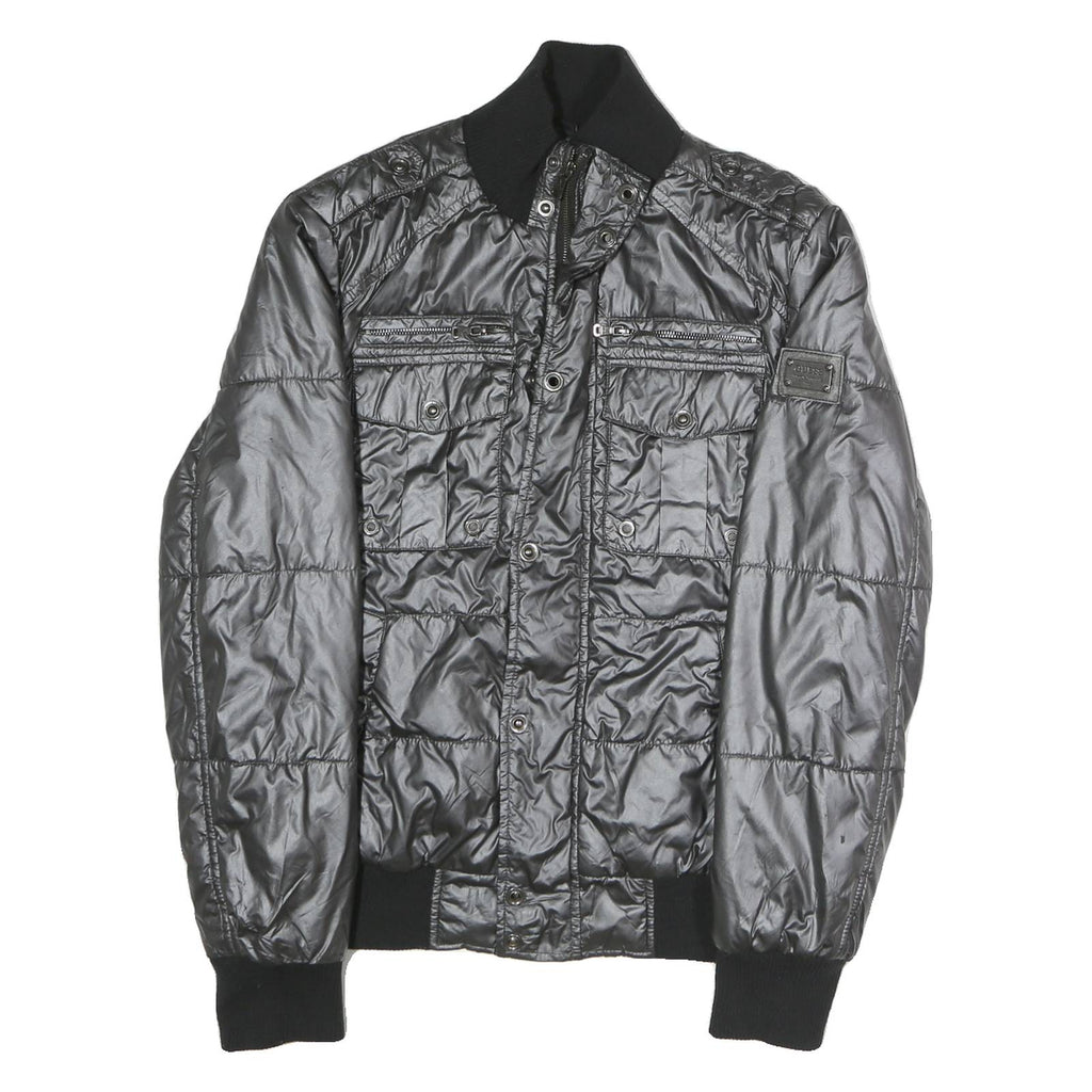 GUESS Mens Black Polyester Blend Zip Bomber Jacket M Shiny Padded Quilted