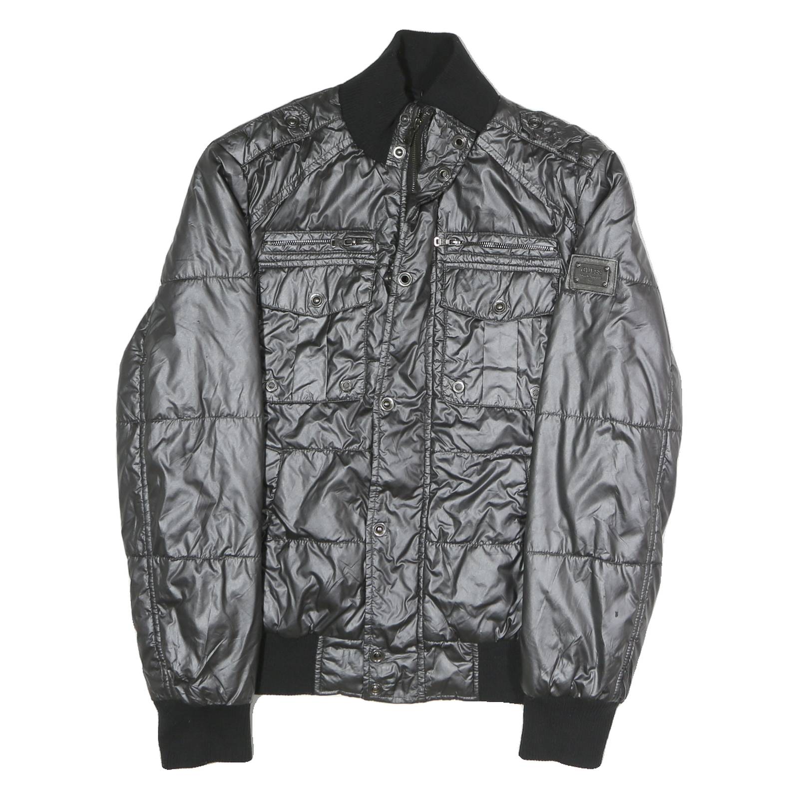 GUESS Mens Black Polyester Blend Zip Bomber Jacket M Shiny Padded Quilted