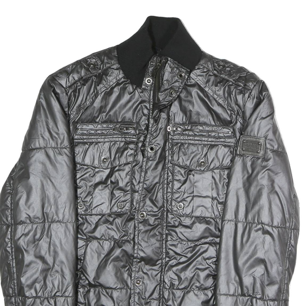 GUESS Mens Black Polyester Blend Zip Bomber Jacket M Shiny Padded Quilted