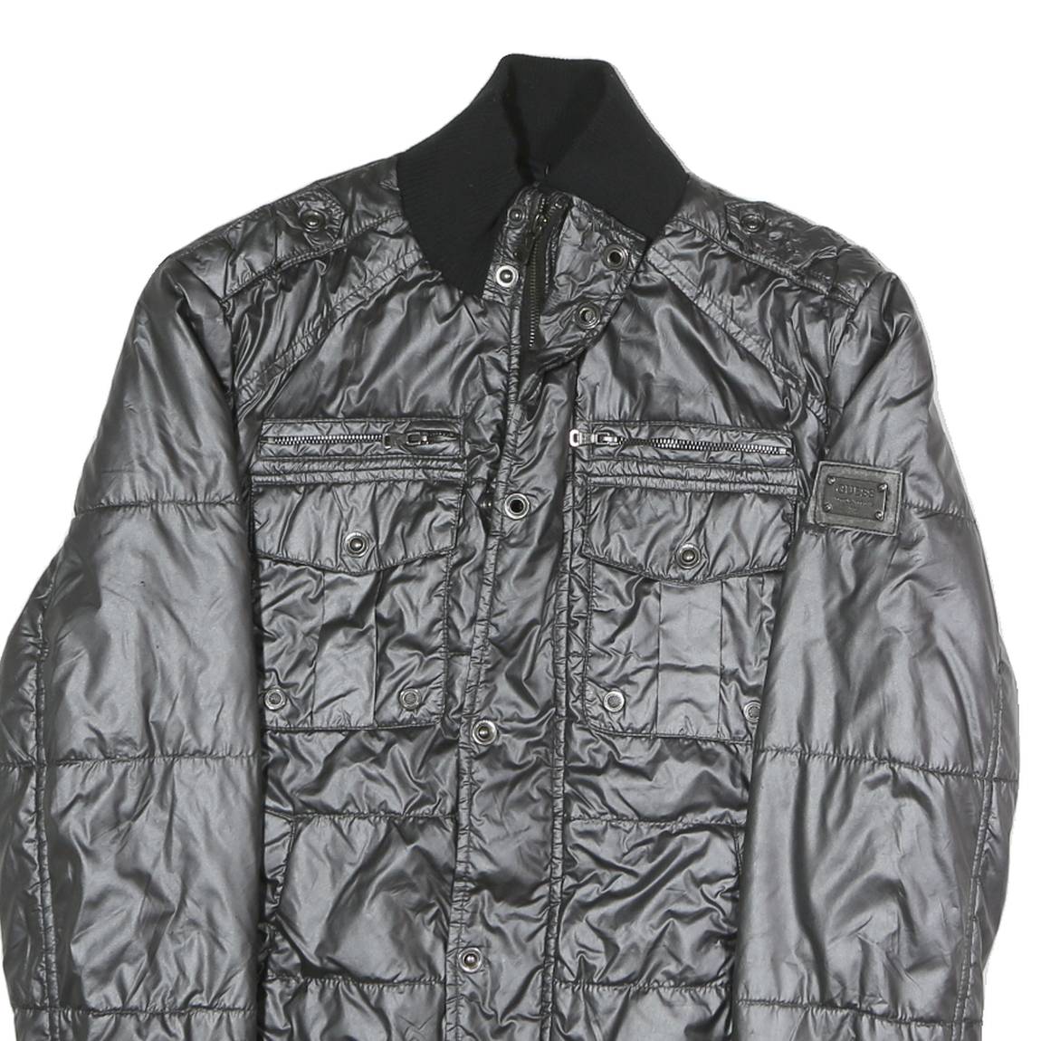 GUESS Mens Black Polyester Blend Zip Bomber Jacket M Shiny Padded Quilted