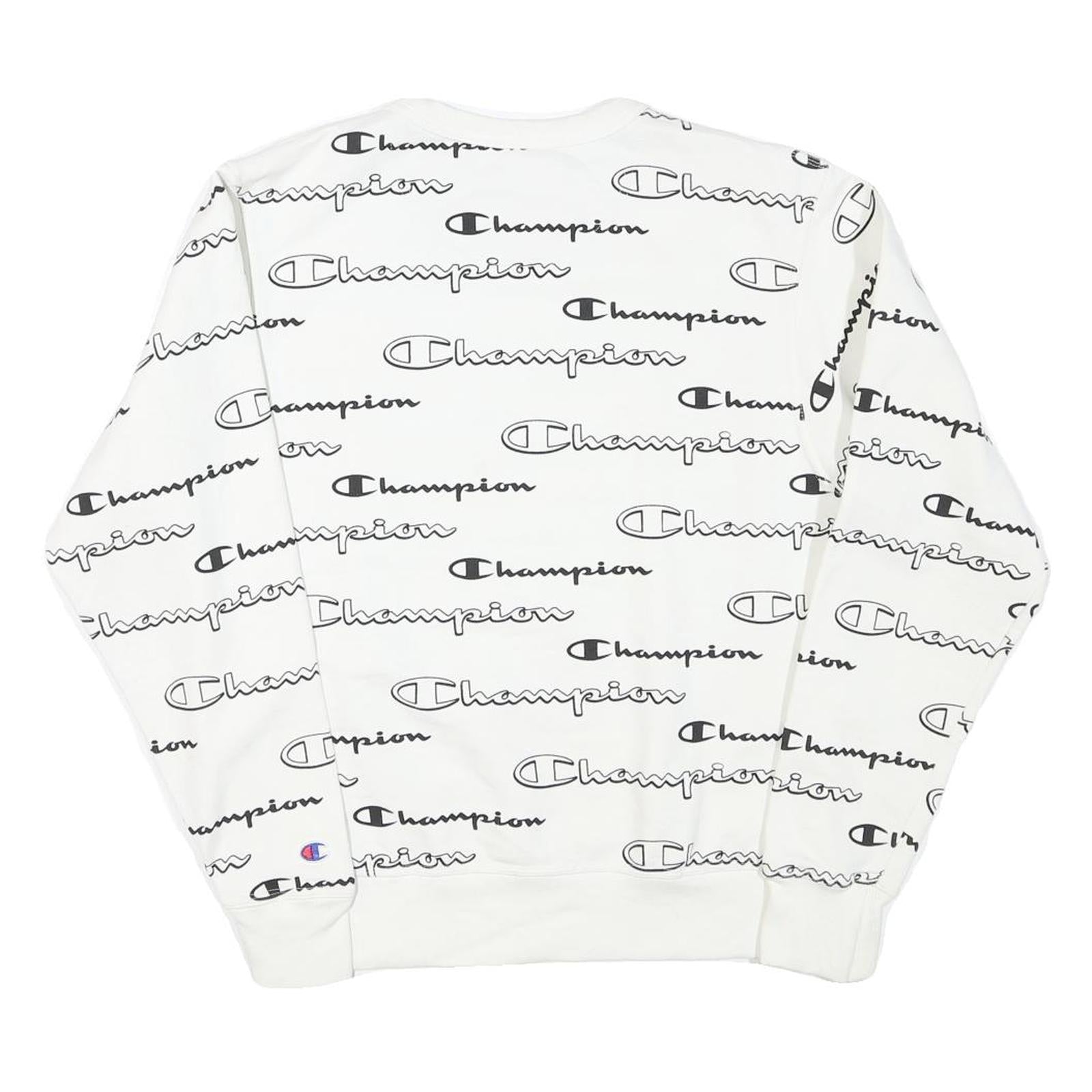 CHAMPION Mens White Cotton Blend Crew Neck Sweatshirt S Printed Logo All Over