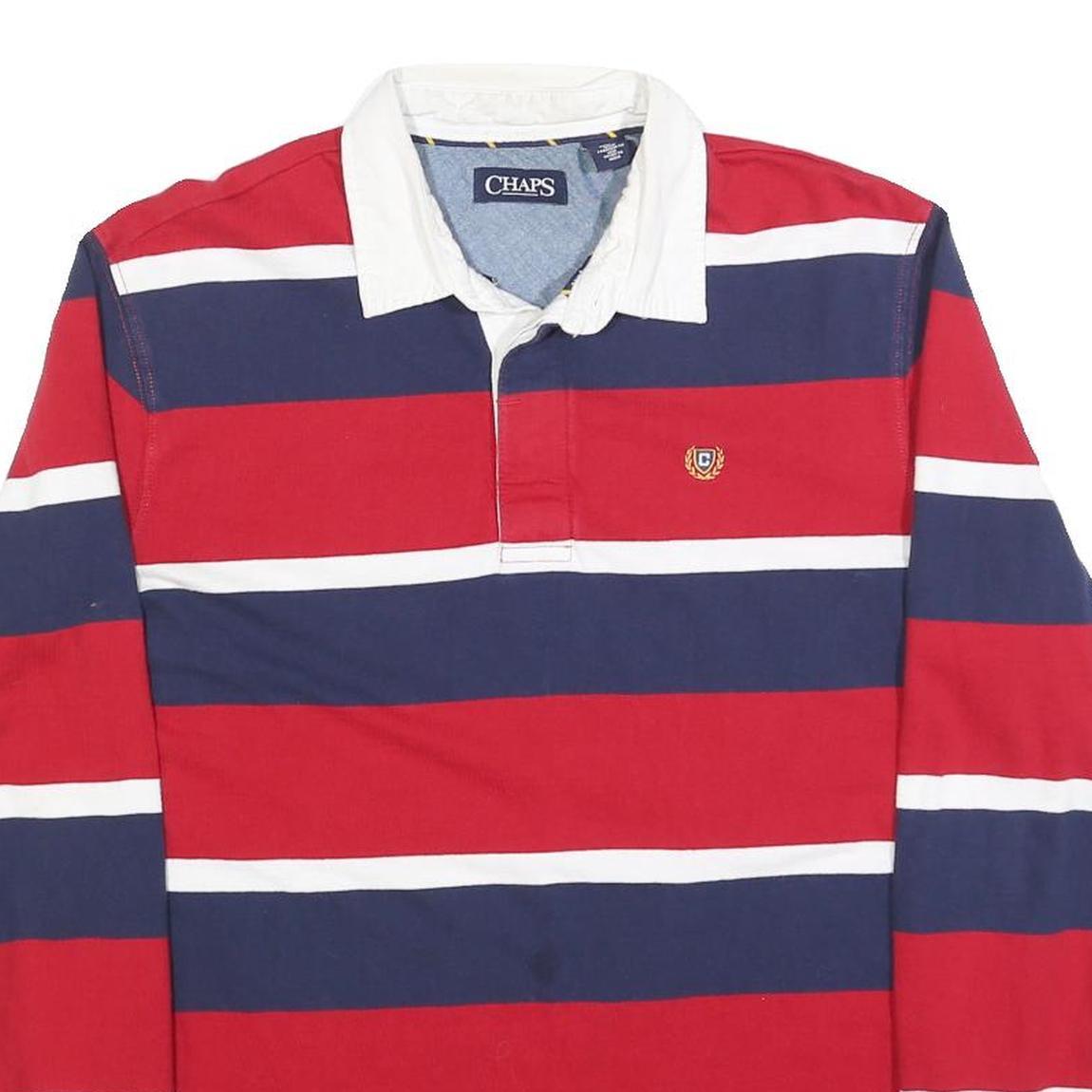 CHAPS Mens Red & Blue Striped Long Sleeve Polo Shirt M Classic Cotton Blend