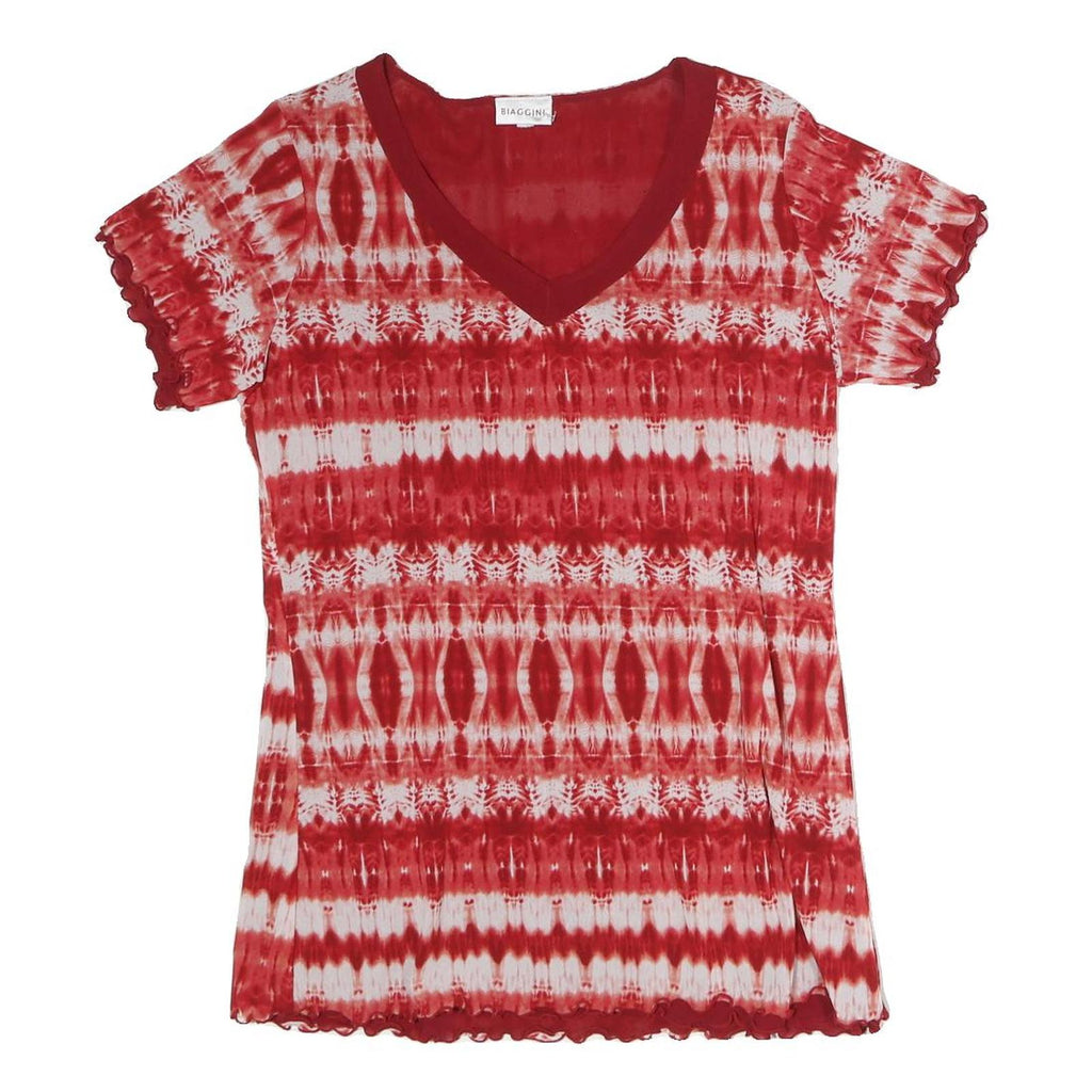 BIAGGINI Womens Red & White Printed Top Short Sleeve V-Neck M Polyester Casual