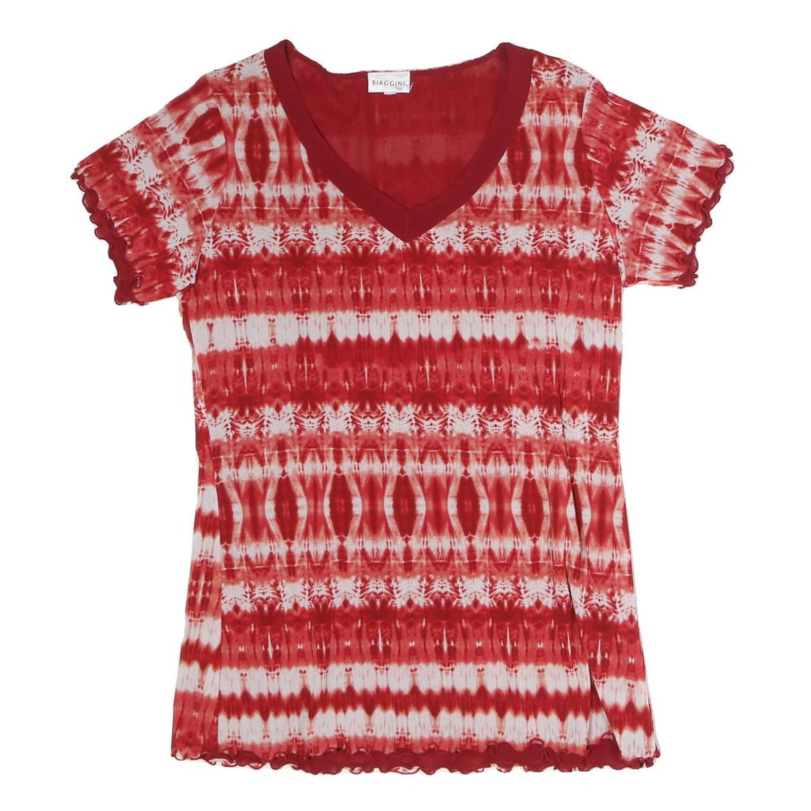 BIAGGINI Womens Red & White Printed Top Short Sleeve V-Neck M Polyester Casual