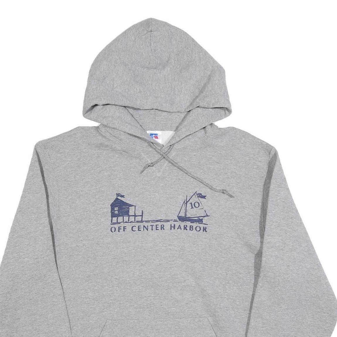 RUSSELL ATHLETIC Mens Grey Off Center Harbor Hooded Sweatshirt L Cotton Blend