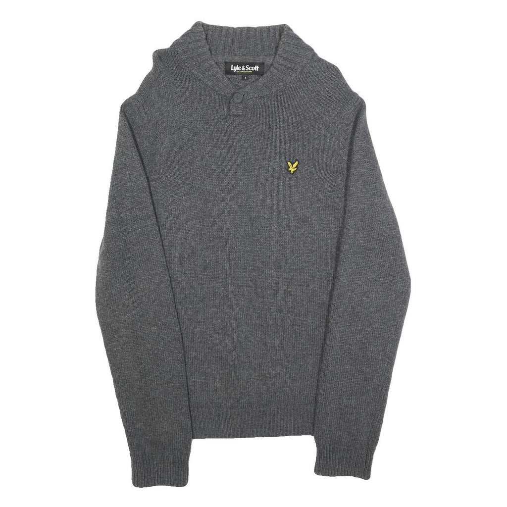 LYLE & SCOTT Mens Grey Patterned Jumper Cable Knit S Wool Blend Button Neck