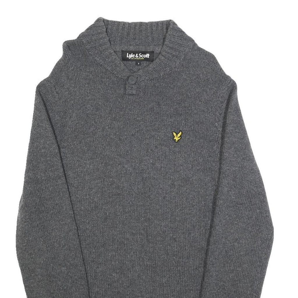 LYLE & SCOTT Mens Grey Patterned Jumper Cable Knit S Wool Blend Button Neck