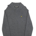 LYLE & SCOTT Mens Grey Patterned Jumper Cable Knit S Wool Blend Button Neck